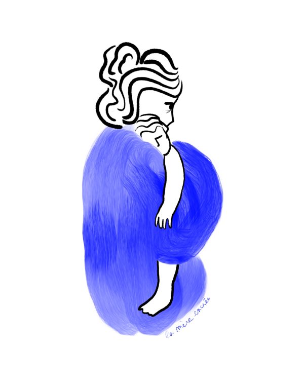Illustration maman enfant câlin bleu tirage d’art maternité