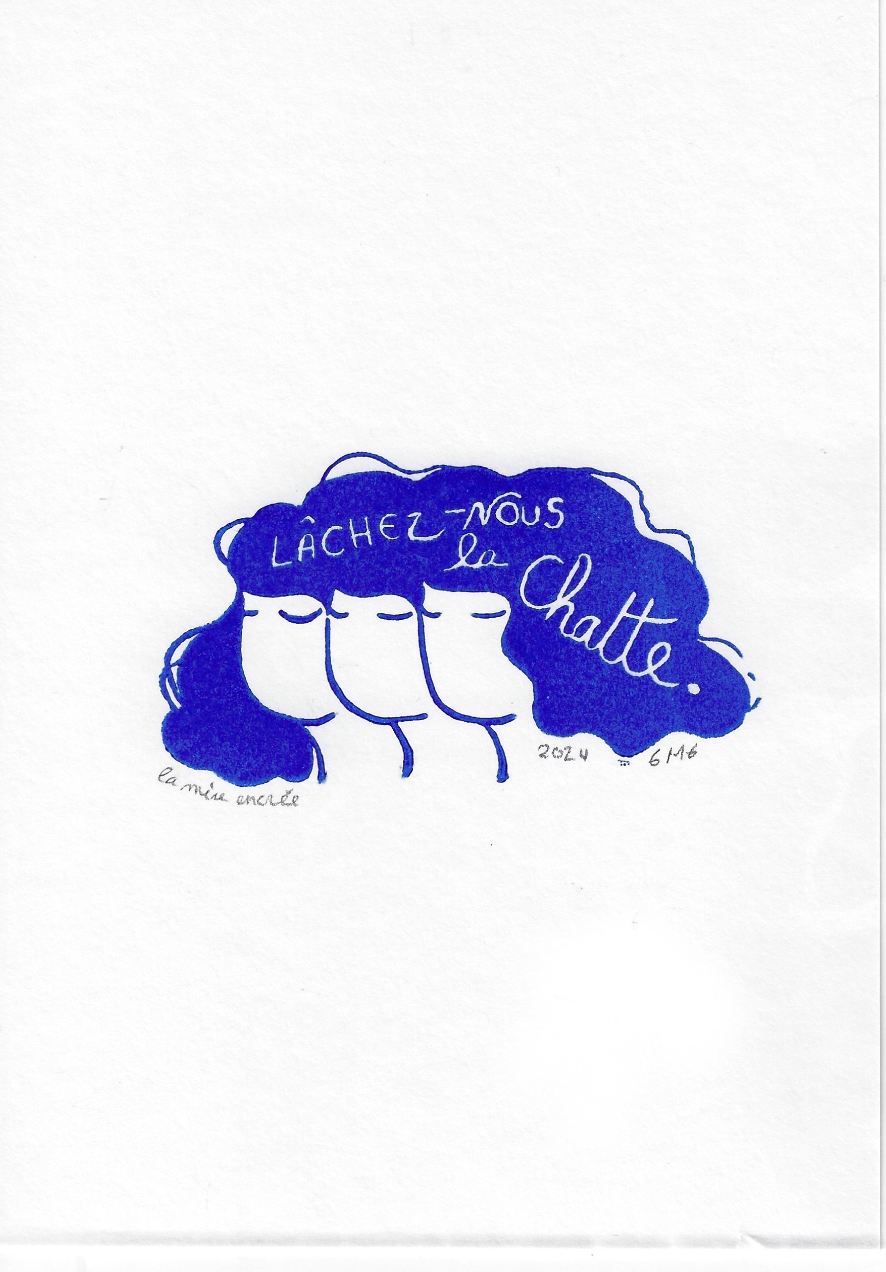 Slogan féministe pro ivg lâchez nous la chatted écrit dans les cheveux de trois silhouettes