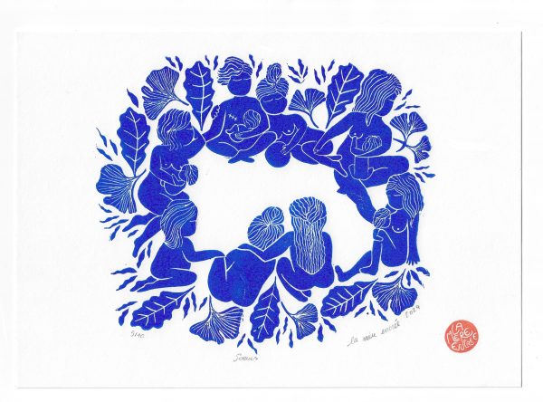 Linogravure cercle de femme sororité solidarité maternité féminisme écologie
